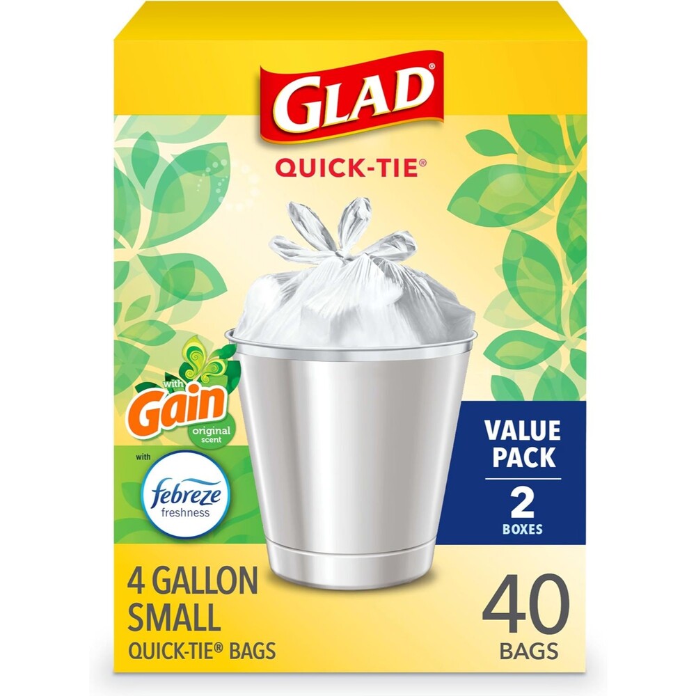 Glad 4 Gallon Quick Tie Trash Bags Gain Original Scent Febreze Freshness 40 Bags